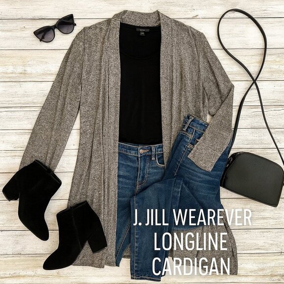 J.Jill Wearever XL Long-Line Open-Front Cardigan Pockets Stretch Knit Gray Brown - Picture 1 of 14